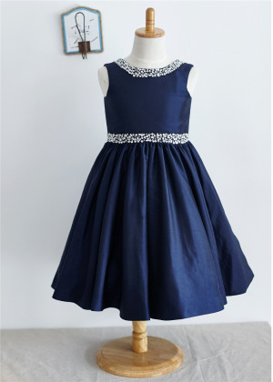 Beaded Navy Blue Taffeta Knee Length Flower Girl Dress